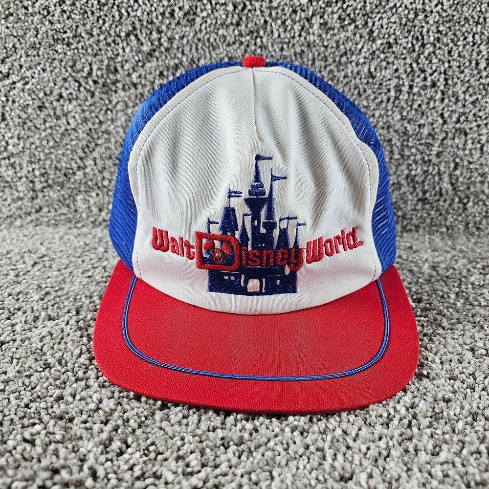 Vintage Walt Disney World Hat Cap Trucker Mesh Snapback Blue Red 80s Color Block